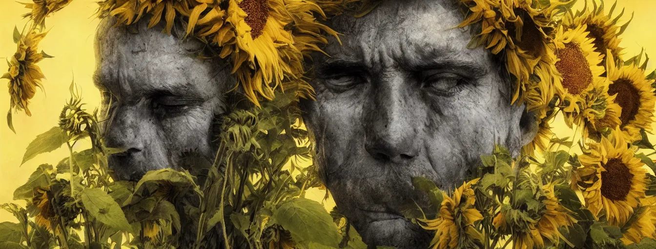 Prompt: old soldiers head being overgrown by sunflowers, broken tank and Krimea in background, dark, eerie, despair, portrait photography, artstation, digital art, adward winning, concept art, artstation, highly detailed, sharp focus, by caravaggio