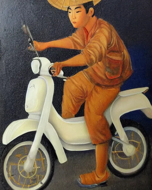 Image similar to asian school boy riding moped, aged oil painting by mai trung thu