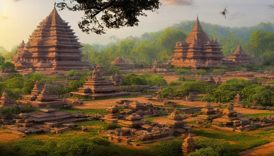 Image similar to matte painting of a beautiful mon - dvaravati village and buddhist temple, inspired by indian arts - amaravati, gupta, after gupta, and pala, digital art, trending on artstation