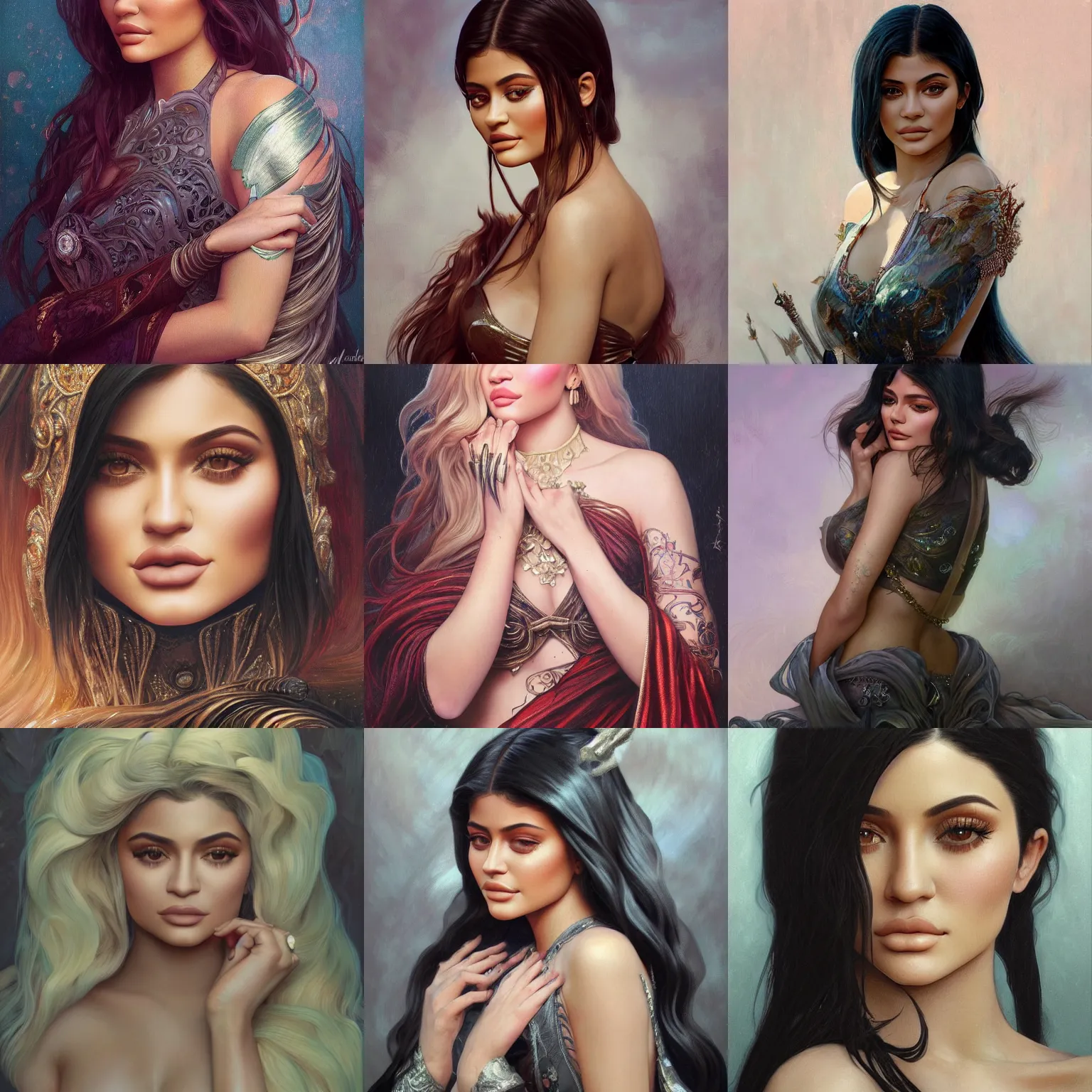 Image similar to portrait of Kylie Jenner, unreal, fantasy, intricate, elegant, dramatic, highly detailed, photorealistic, digital painting, painterly, artstation, concept art, smooth, sharp focus, art by John Collier and Krenz Cushart and Artem Demura and Alphonse Mucha and Albert Aublet