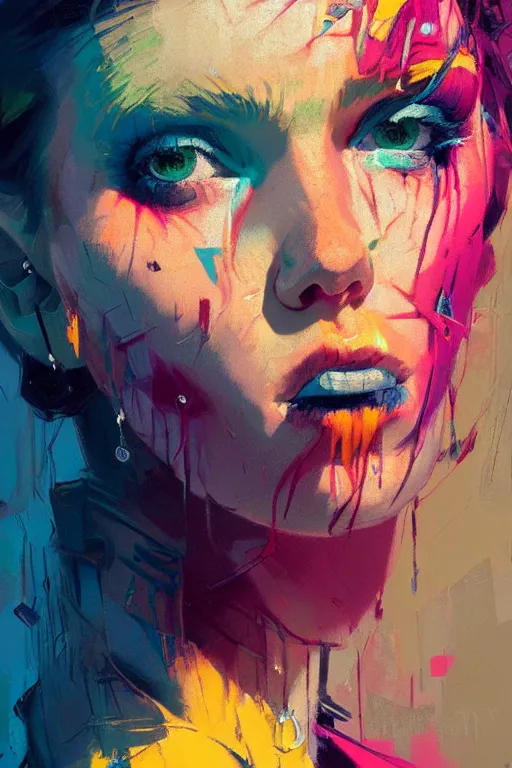 Image similar to portrait of a beautiful punk girl, complementary colors, beautiful face, rule of thirds, intricate outfit, spotlight, by greg rutkowski, by jeremy mann, by francoise nielly, by van gogh, digital painting