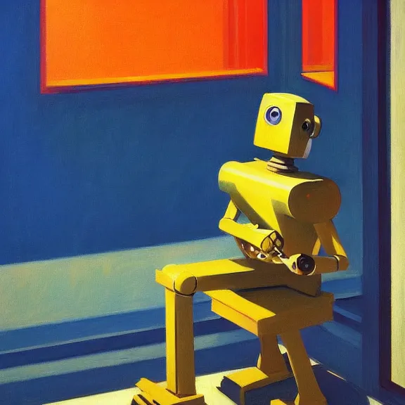 Image similar to beautiful illustration of a robot painting an artwork on a canvas with a paintbrush by Edward Hopper, clean lines, very detailed, colorful octane render