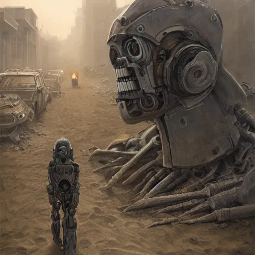 Prompt: two robots in power armor fleeing from a monster made of human bones and smoke, in a sand covered street, horrible smoke monster made of bones, post apocalypse, ruined subdivision houses, Sci Fi, intricate, elegant, highly detailed, digital painting, artstation, concept art, matte, sharp focus, illustration, art by Greg Rutkowski and Alphonse Mucha