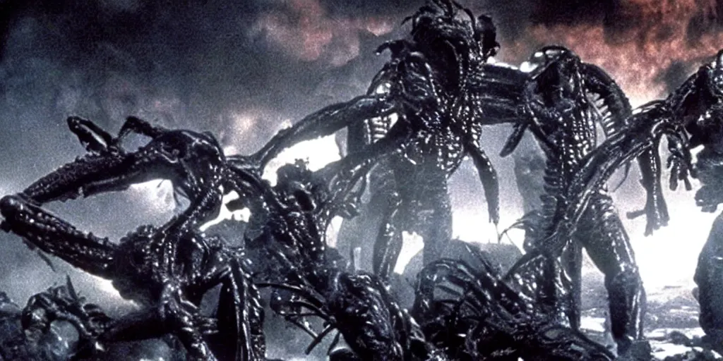 Prompt: film still, soldiers fighting monsters, from alien 2 ( 1 9 8 6 )