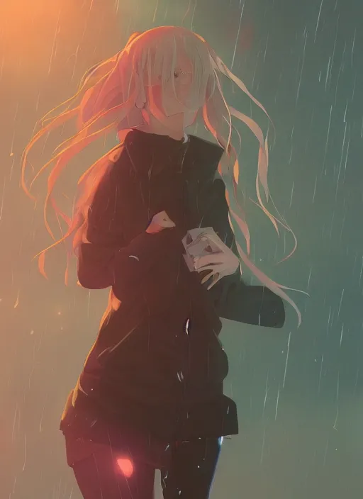 Image similar to listening to music at 2 am, night, pretty girl, pose, rain, lofi, lofi, peaceful, street light, anime key visual, poster, street wears, anime, by wlop, high quality, 4 k, trending, trending on artstation