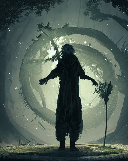 Image similar to a druid standing in a circle at the beginning of the world by cedric peyravernay