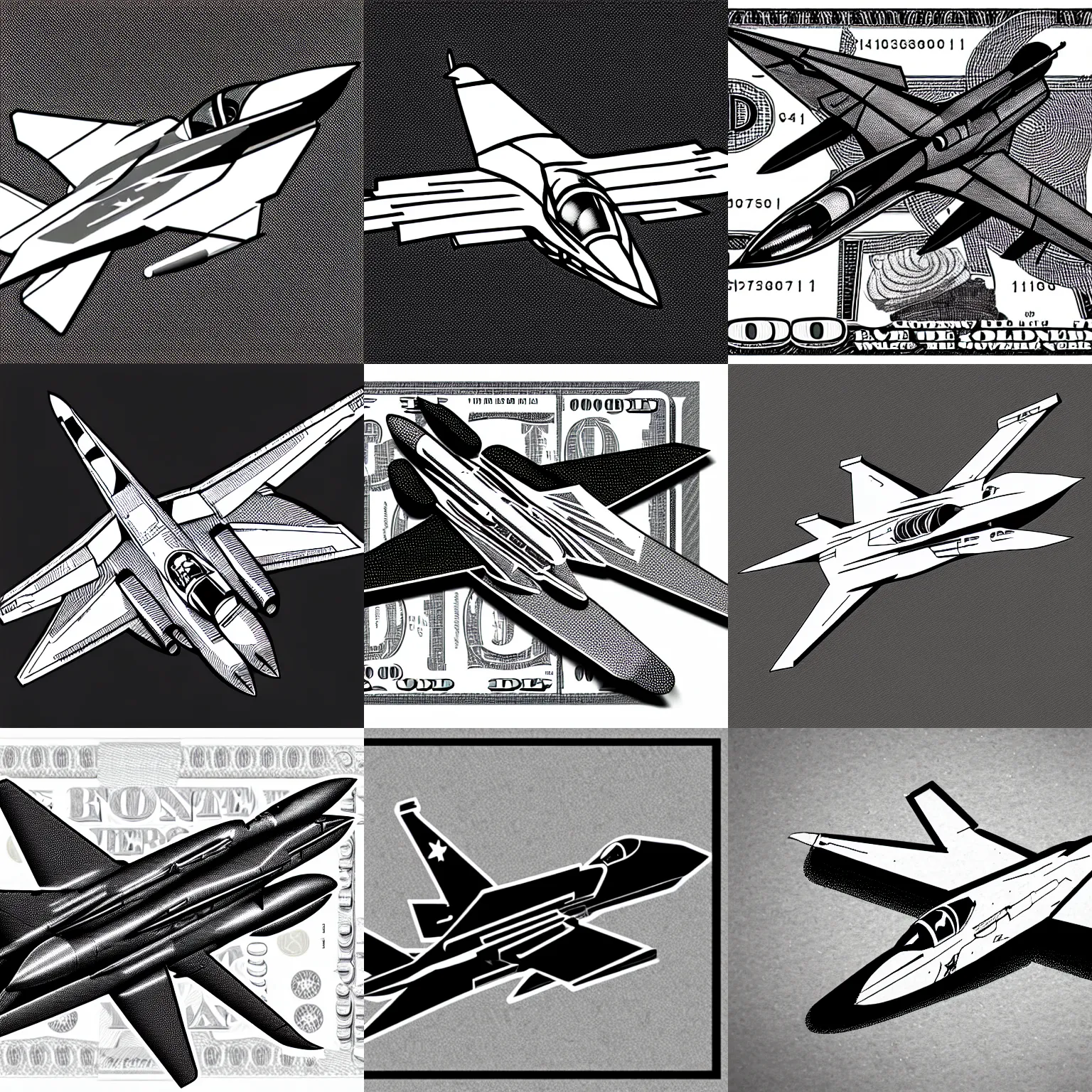 Prompt: jet fighter made of dollar bills illustration, b&w