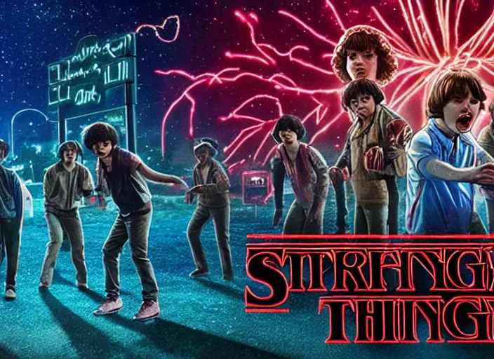 Image similar to the cast of stranger things having a dance battle with the demogorgon, extremely detailed, high quality, 4 k, award - winning,