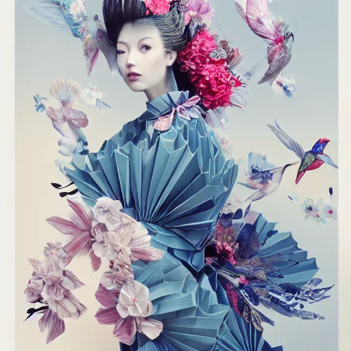 Image similar to 3 / 4 view of a beautiful girl wearing an origami dress, eye - level medium shot, fine floral ornaments in cloth and hair, hummingbirds, elegant, by eiko ishioka, givenchy, hsiao cheng, by peter mohrbacher, centered, fresh colors, origami, fashion, detailed illustration, vogue, japanese, reallusion character creator