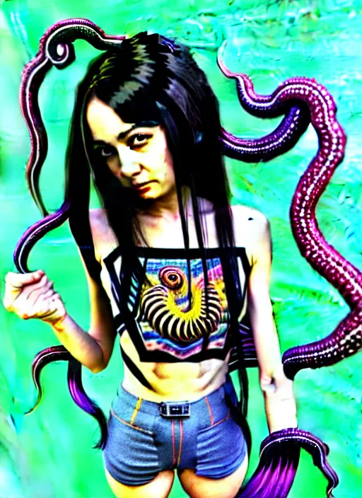 Image similar to richly detailed colored pencil 3D illustration of a beautiful woman with silky straight black hair with iridescence wearing a Nirvana band Tshirt and short black shorts, she staring at the camera happily while being surrounded by slimy tentacles, art by Range Murata and Artgerm.