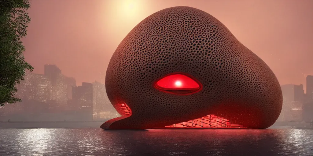 Image similar to An epic architectural rendering of a blob shaped trypophobia house with a mysterious red glow emitting from inside in a modern cityscape next to a river, stunning, gorgeous, golden ratio, photorealistic, featured on artstation, 4k resolution