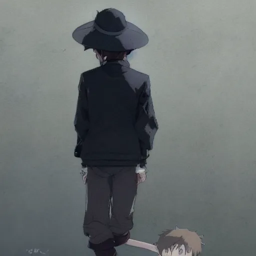 Prompt: black eyed boy with pointed hat, hands in pockets, black jacket, thin pants, trending on pixiv fanbox, painted by greg rutkowski makoto shinkai takashi takeuchi studio ghibli, akihiko yoshida