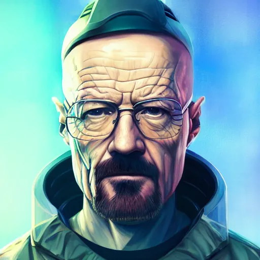 Prompt: high quality illustration, walter white realistic portrait, cyberpunk colors, riot game, beautiful, alexandre bourlet, vaporwave, lois van baarle, league of legend, digital painting, james jean, dynamic colors, greg rutkuwsky, artstation, concept art, neon