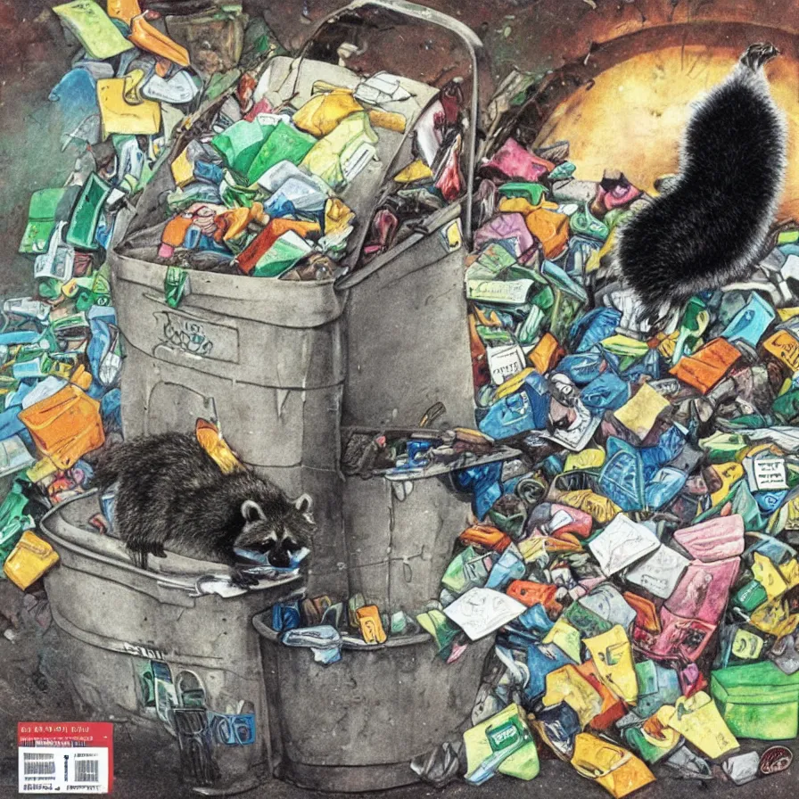 Prompt: album art, a raccoon stuck in a trash can, omni magazine