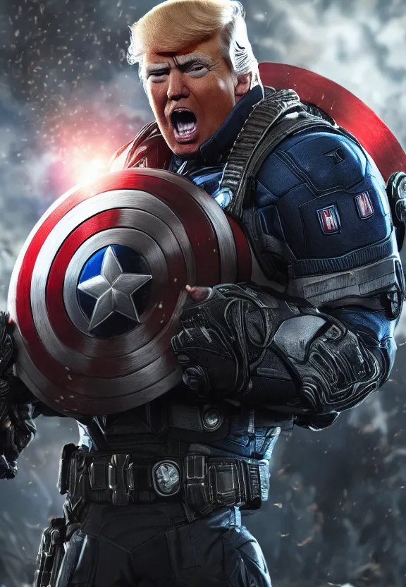 Image similar to Portrait of Donald Trump as captain america in Gears of War, splash art, movie still, cinematic lighting, dramatic, octane render, long lens, shallow depth of field, bokeh, anamorphic lens flare, 8k, hyper detailed, 35mm film grain