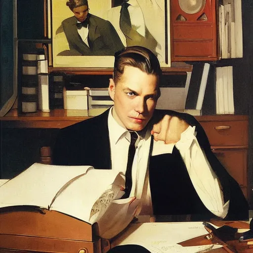 Prompt: man in desk with coffee and black suit by leyendecker and dean cornwell, 5 feet distance from the camera, 6 0 ´ s furniture