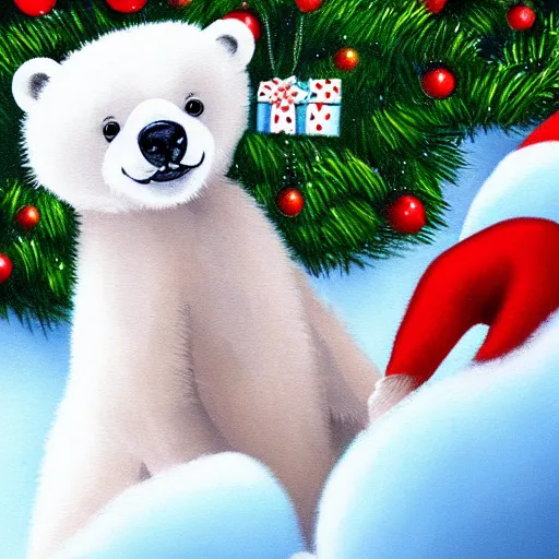 Image similar to cute fluffy happy baby polar bear cub playing in snowy christmas tree landscape detailed painting 4k