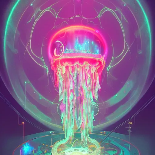 Image similar to intricate holographic ghost in the machine jellyfish made of microcircuitry and transistors in a glowing deap sea by peter mohrbacher and dan mumford, trending on artstation, cgsociety 4 k