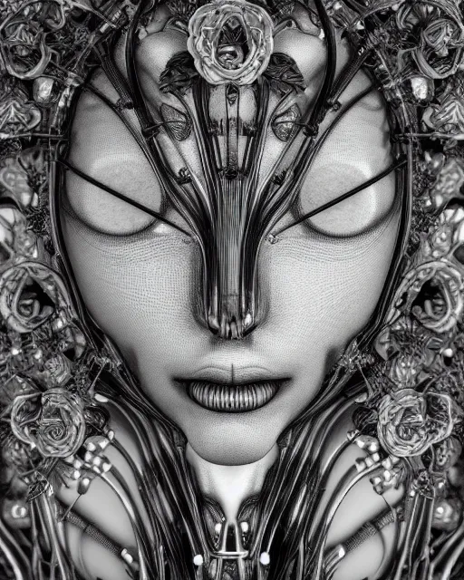 Image similar to mythical dreamy black and white organic bio-mechanical spinal ribbed profile face portrait detail of translucent steampunk beautiful siamese females angelic-human-queen-vegetal-cyborg, highly detailed, intricate trnaslucent ivy jelly ornate, poetic, translucent roses ornate, 3D render, digital art, octane render, 8K artistic photography, photo-realistic, by Dora Maar