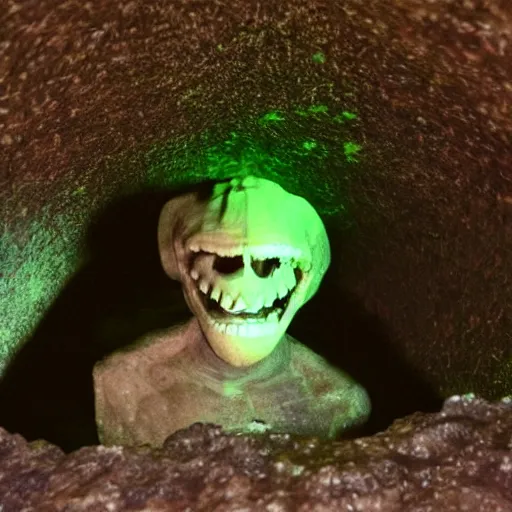 Prompt: photo inside a cavern of a humanoid with lizard skin and a mouth with sharp tooth and black eyes