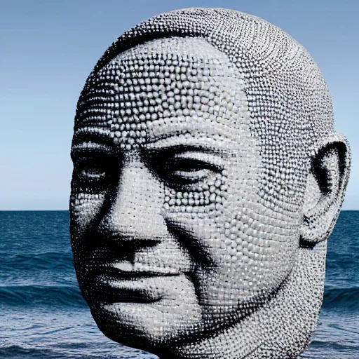 Image similar to a giant benjamin netanyahu head sculpture in the sea made out of thousands of small eyes, long shot, hyper detailed, hyper realistic, ray tracing, 8 k resolution, sharp focus, realistic water, award winning