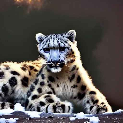 Prompt: snow leopard doing tricks with vape clouds, iPhone photo
