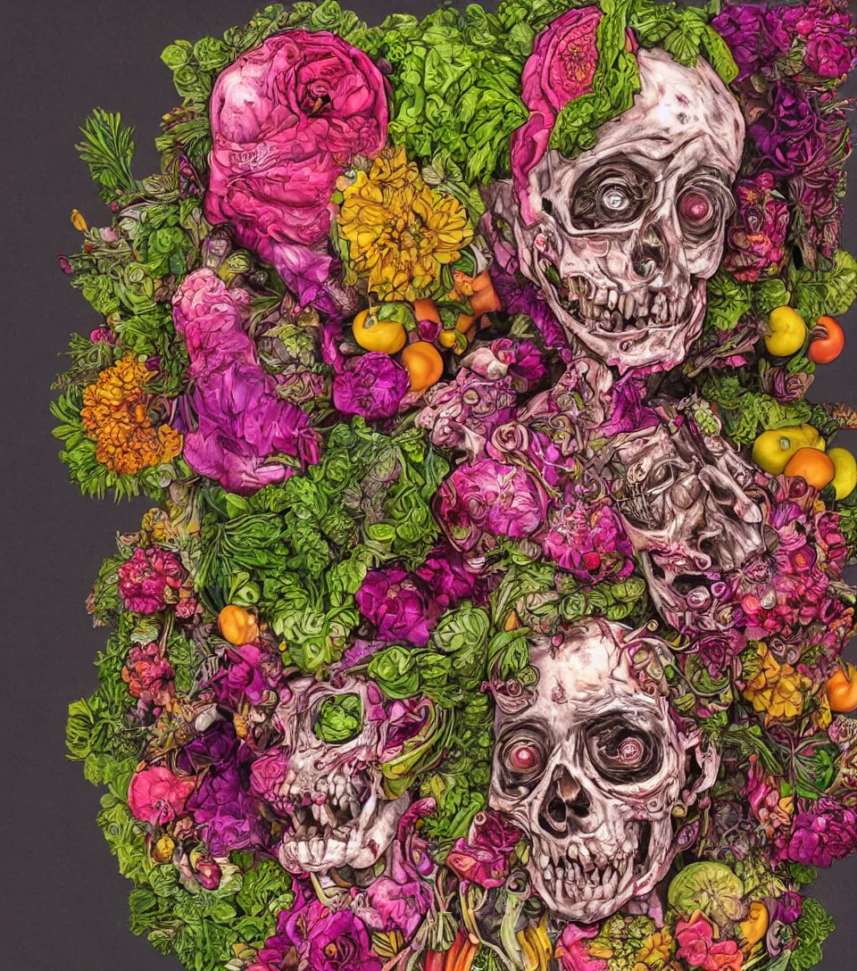 Prompt: hyper-detailed torso and head of a zombie punk made out of fruits, vegetables and large flowers in the Baroque style of Arcimboldo, crystalline skin, neon lighting, wide camera angle, dull pink background