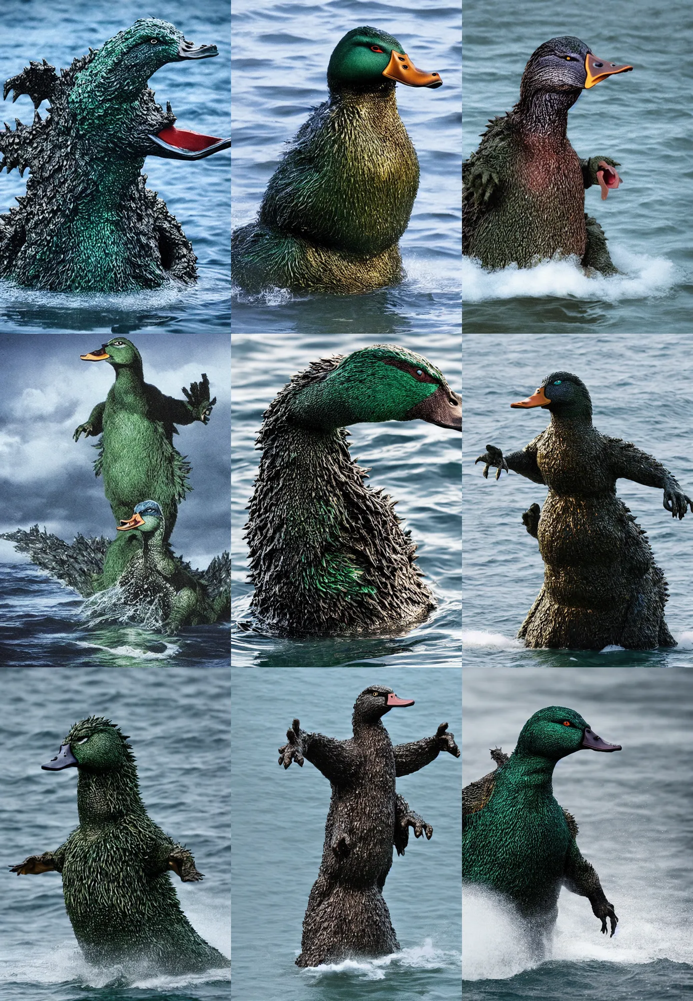 Prompt: mallard duck as godzilla monster, rising from ocean, dark and ominous