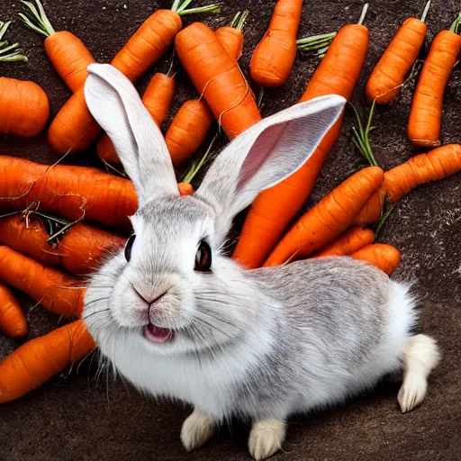 Image similar to a photo of an adorable rabbit screaming in rage at a carrot that looks mildly offended