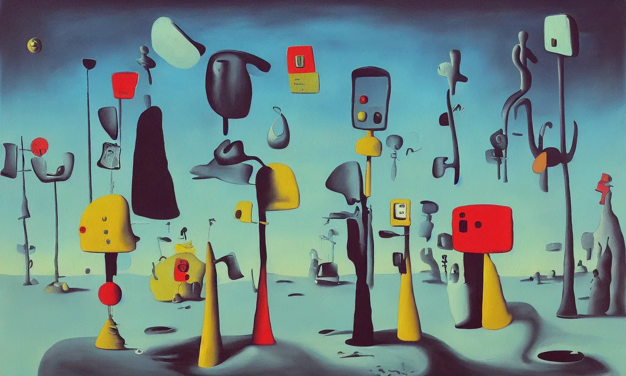 Image similar to “a painting in the style of Yves Tanguy , a parking meter stands in the middle of a desert. Next to the parking meter we see a priest, a woman in a green dress , and a rhinoceros ”