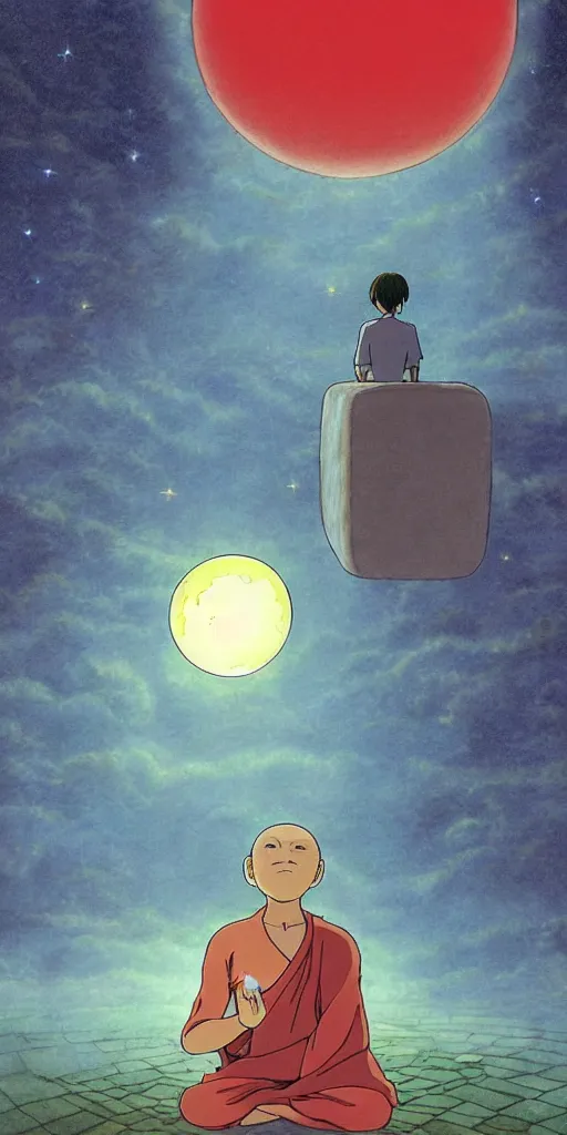 Image similar to a realistic cell - shaded studio ghibli concept art from paprika ( 2 0 0 6 ) of a floating cube from close encounters of the third kind ( 1 9 7 7 ) and a monk meditating on a misty starry night. very dull colors, hd, 4 k, hq