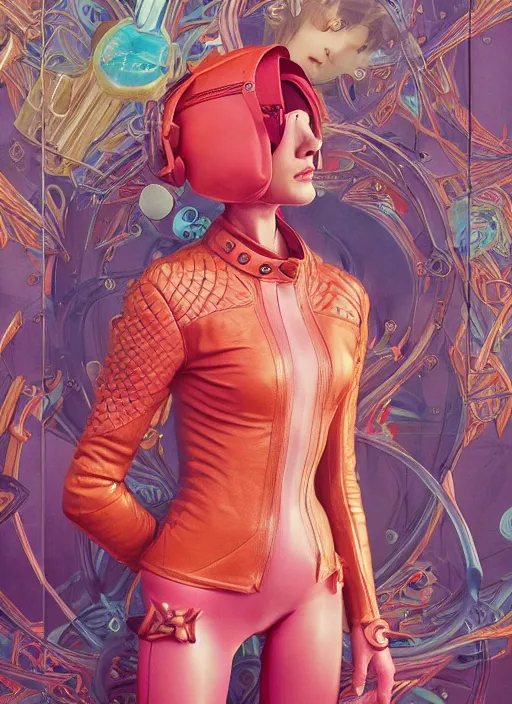 Image similar to skintight leather jacket : : by martine johanna and simon stalenhag and chie yoshii and casey weldon and wlop : : ornate, dynamic, particulate, rich colors, intricate, elegant, highly detailed, centered, artstation, smooth, sharp focus, octane render, 3 d