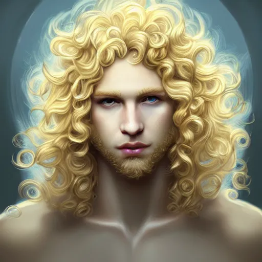 Prompt: the pale blond androgynous male god of the sun, highly detailed, very very very curly golden blond hair, baroque curls, curtain bangs, central parted fringe, extremely luscious curly blond hair, very very very pale white skin, digital painting, artstation, concept art, soft light, sharp focus, illustration