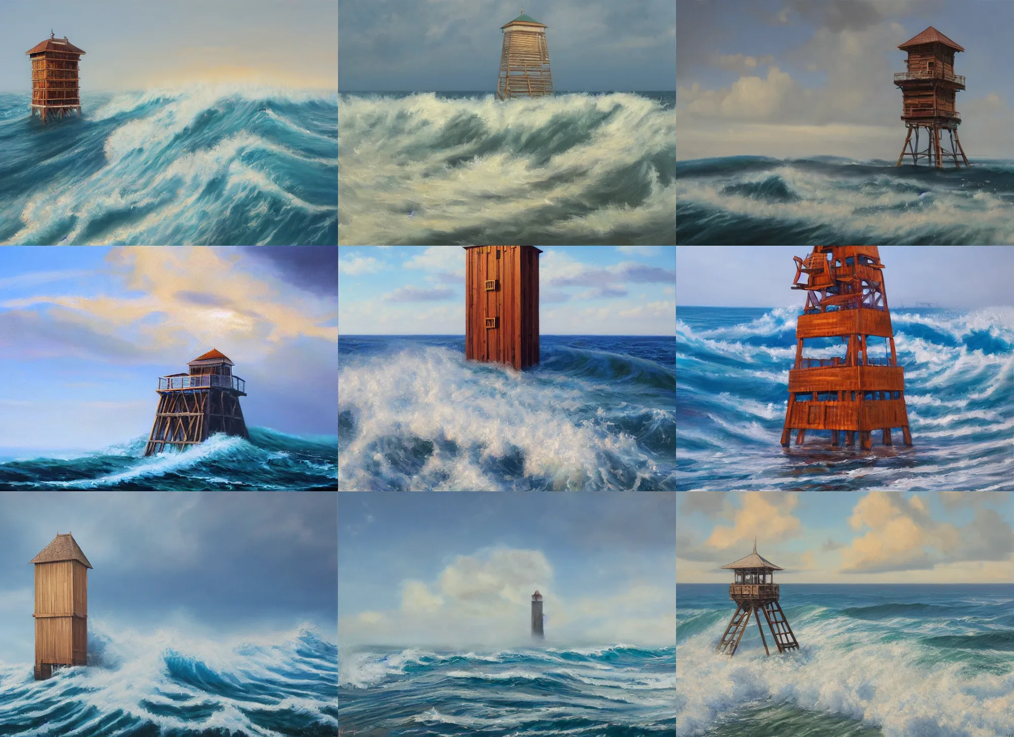 Prompt: beautiful oil painting of a wooden tower in the middle of the ocean at noon, blue sky, big waves, intrincate, mist, masterpiece, by hal foster, etienne hebinger, trending on artstation