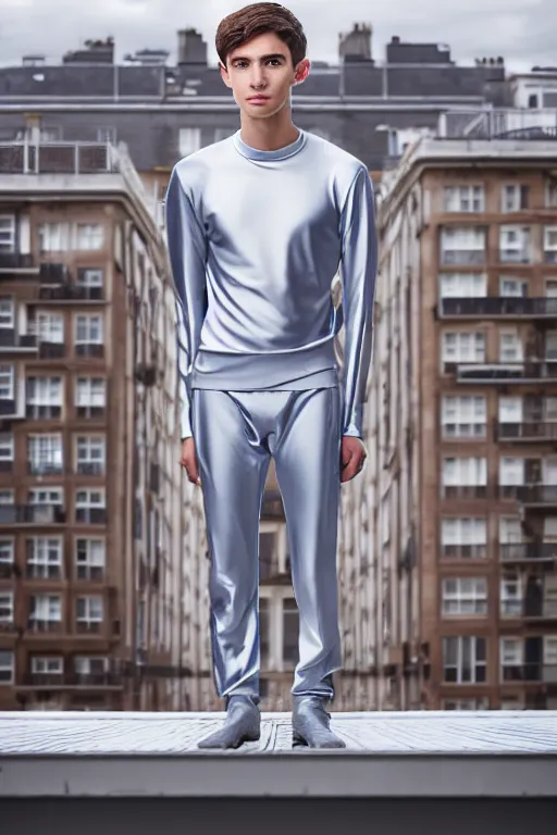 Image similar to un ultra high definition studio quality photographic art portrait of a young man standing on the rooftop of a british apartment building wearing soft padded silver pearlescent clothing. three point light. extremely detailed. golden ratio, ray tracing, volumetric light, shallow depth of field. set dressed.