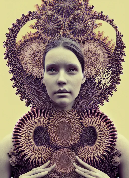 Prompt: ridiculously beautiful young woman tripping, fractals, sacred geometry, nature, coral, birds, symmetrical, in the style of ernst haeckel, effervescent, warm, photo realistic, epic and cinematic,