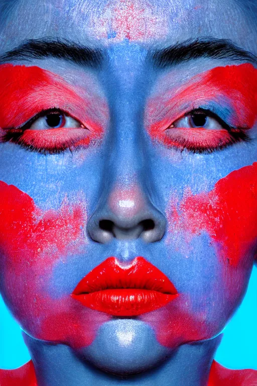 Image similar to glitched mix of endless female face and red paint in style of neo dada, blue background, hard paint, close-up