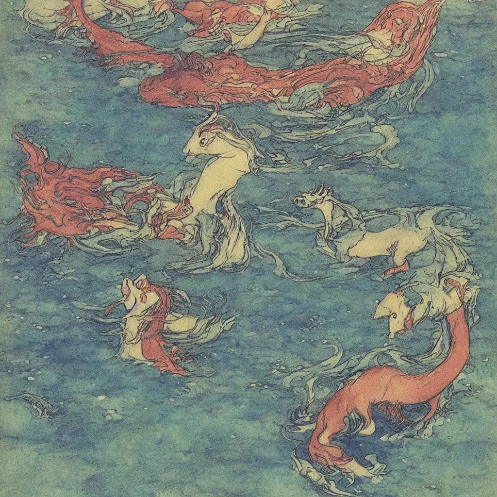 Image similar to an extremely colorful depiction of a merhorse in a lake, rearing up with its tail tucked underneath, from a book of fairy tales illustrated by edmund dulac