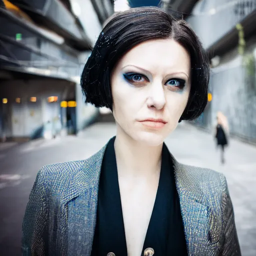 Prompt: hyperdetailed photo of a contemptuous cyberpunk woman with short hair and light eyes in a cybercity, wearing fashion suit, inside berghain, classic, photo 3 5 mm leica, hyperdetail, 8 k, very detailed, fine face