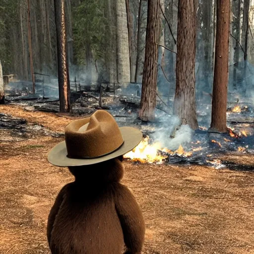 Image similar to smokey the bear watching his family being burnt alive in a forest fire