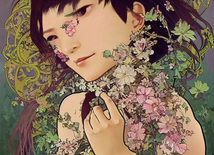 Image similar to !!! very coherent!!! oil painting, beautiful floralpunk iban bio mechanical full body girl female illustration detailed patterns art of sarawak traditional dress, flower pop art, floral splash painting, art by ashley wood, alphonse mucha, makoto shinkai, geof darrow, dark shadow