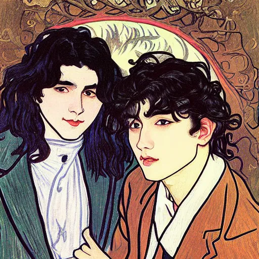 Image similar to painting of young cute handsome beautiful dark medium wavy hair man in his 2 0 s named shadow taehyung and cute handsome beautiful min - jun together at the halloween! party, bubbling cauldron!, candles!, smoke, autumn! colors, elegant, modest, wearing suits!, delicate facial features, art by alphonse mucha, vincent van gogh, egon schiele