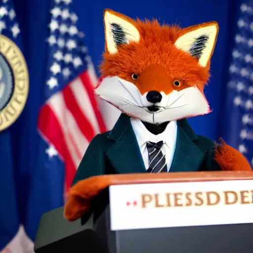 Image similar to a fox animal dressed in a suit giving a presidential press conference, 8 5 mm f / 1. 4