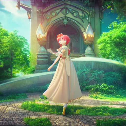 Image similar to a pleasant, beautiful, funny, smooth 3D CG render, semirealistic anime style, a noble priestess magician princess girl wearing dress and jewelry, in a glorious magic kingdom, relaxing calm vibes, fairytale