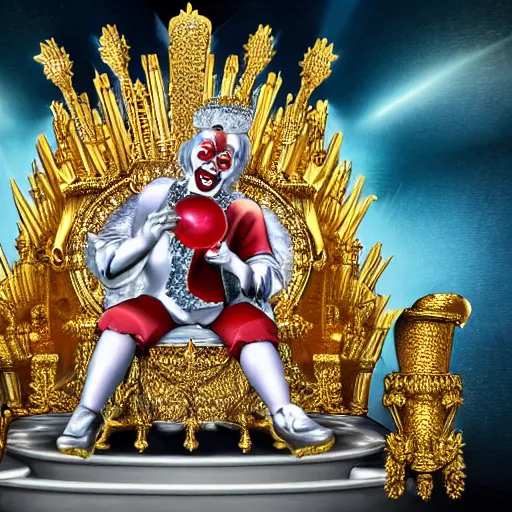 Image similar to shining majestic throne made of millions of diamonds, gold and zaphires with thousands of light reflections, and a stupid clown is sitting on the throne while handind a globe, 4 k