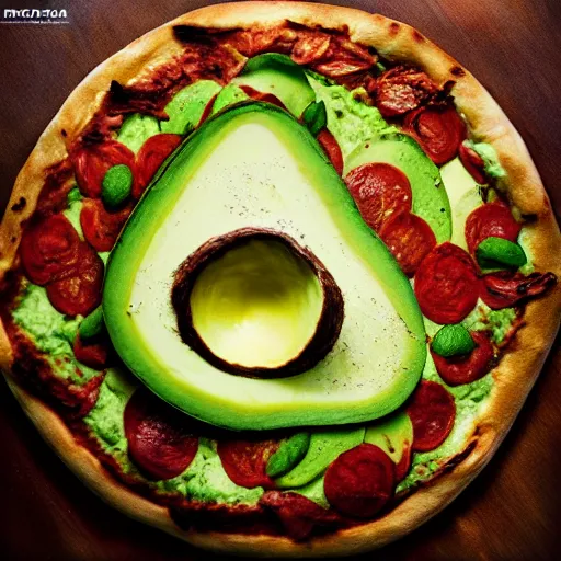 Prompt: an avocado pizza, photo realistic, photo studio, professional photo, professional lighting, trending on artstation, HDR