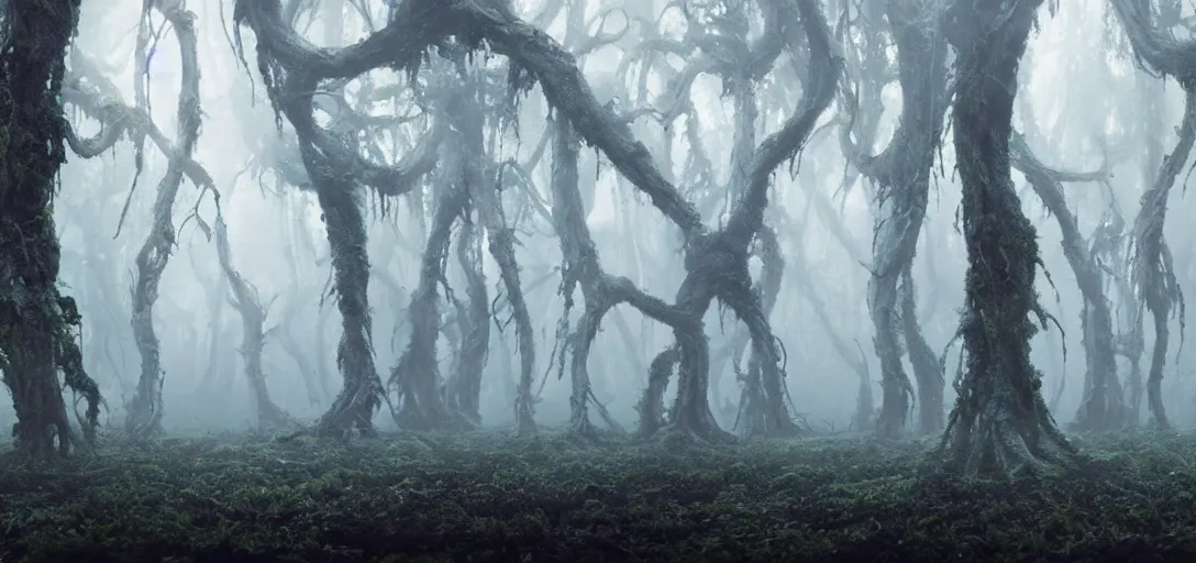 Image similar to a complex organic fractal 3 d metallic symbiotic ceramic humanoid megastructure eldritch horror creature in a swampy lush forest, foggy, cinematic shot, photo still from movie by denis villeneuve