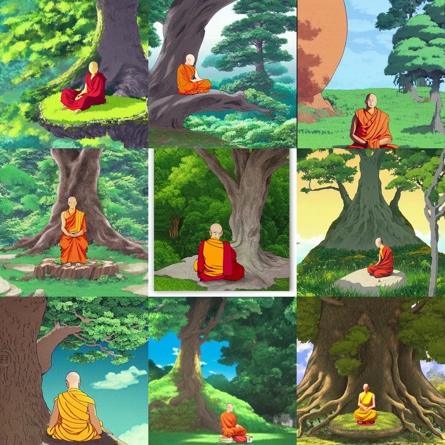 Image similar to Meditating Buddhist monk sat at the base of a large tree on top of a green hill artwork by studio Ghibli