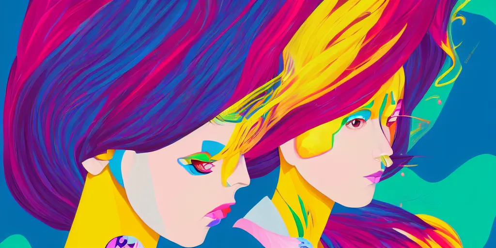 Image similar to a digital painting of a woman with colorful hair, a pop art painting by tomokazu matsuyama, behance contest winner, psychedelic art, psychedelic, 2 d, digital illustration, trending on artstation, anime stylized, accurate fictional proportions, high delicate defined details, ethereal lighting