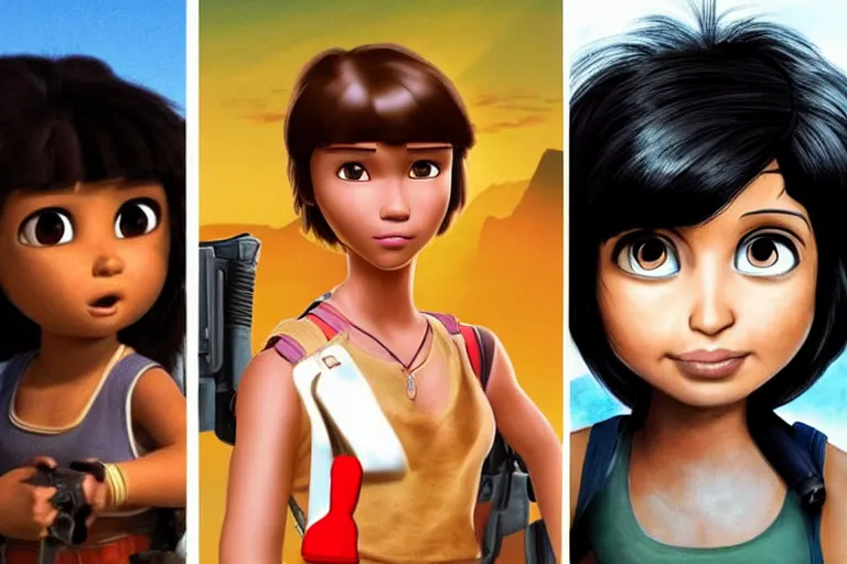 Prompt: Dora the Explorer (played by Isabela Merced) vs Lara Croft (played by Angelina Jolie), film by James Bobin and Simon West